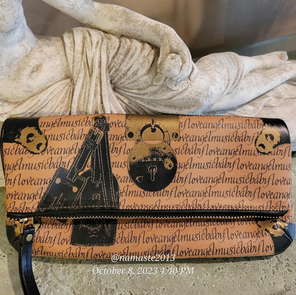 L.A.M.B. Gwen Stefani Trompe L'oeil Script Fold Over Clutch Luxury Designer #576